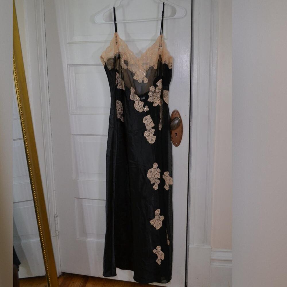 Fredrick's of Hollywood Satin and Mesh Gown with Champagne Beaded Lace Details